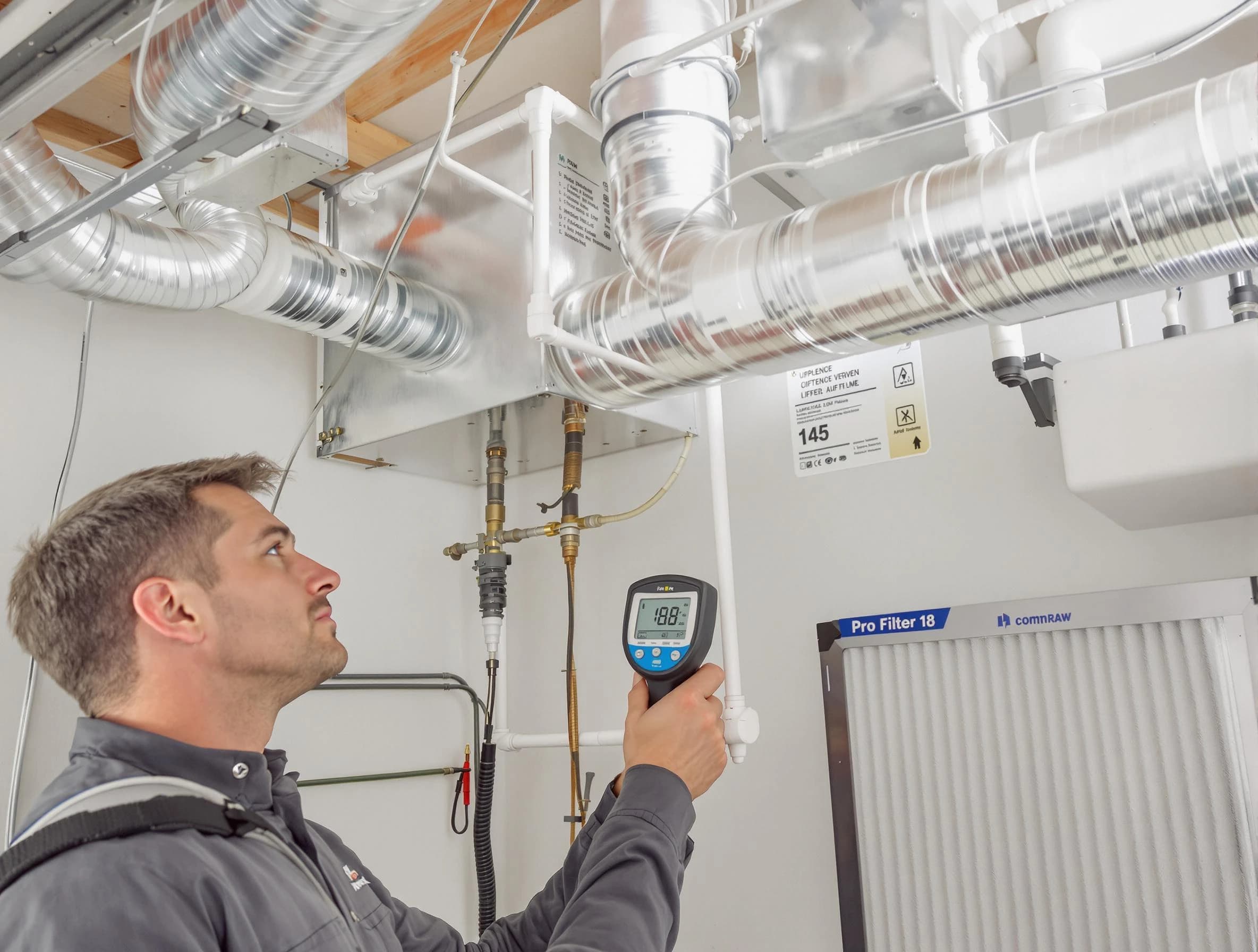 Beverly Air Duct Cleaning expert conducting detailed filter system inspection using diagnostic tools in Beverly