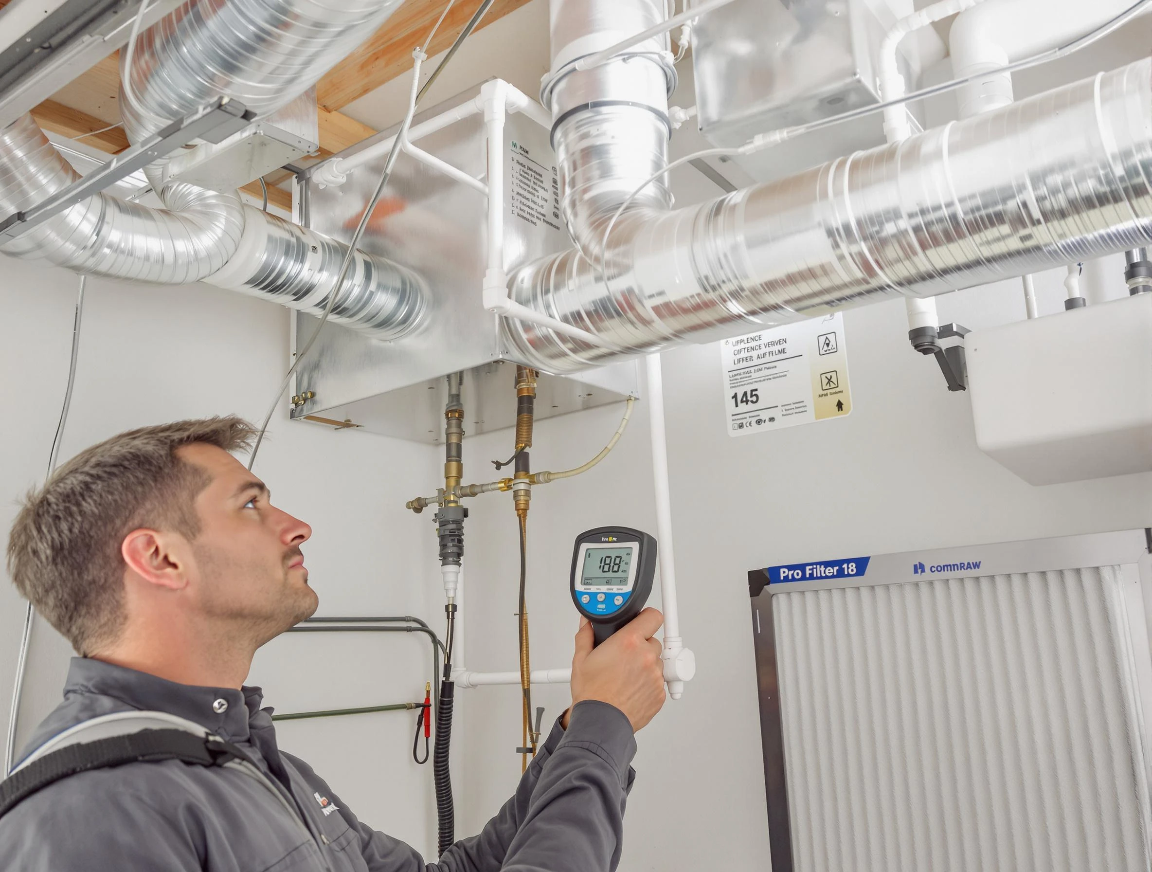Beverly Air Duct Cleaning expert conducting detailed filter system inspection using diagnostic tools in Beverly